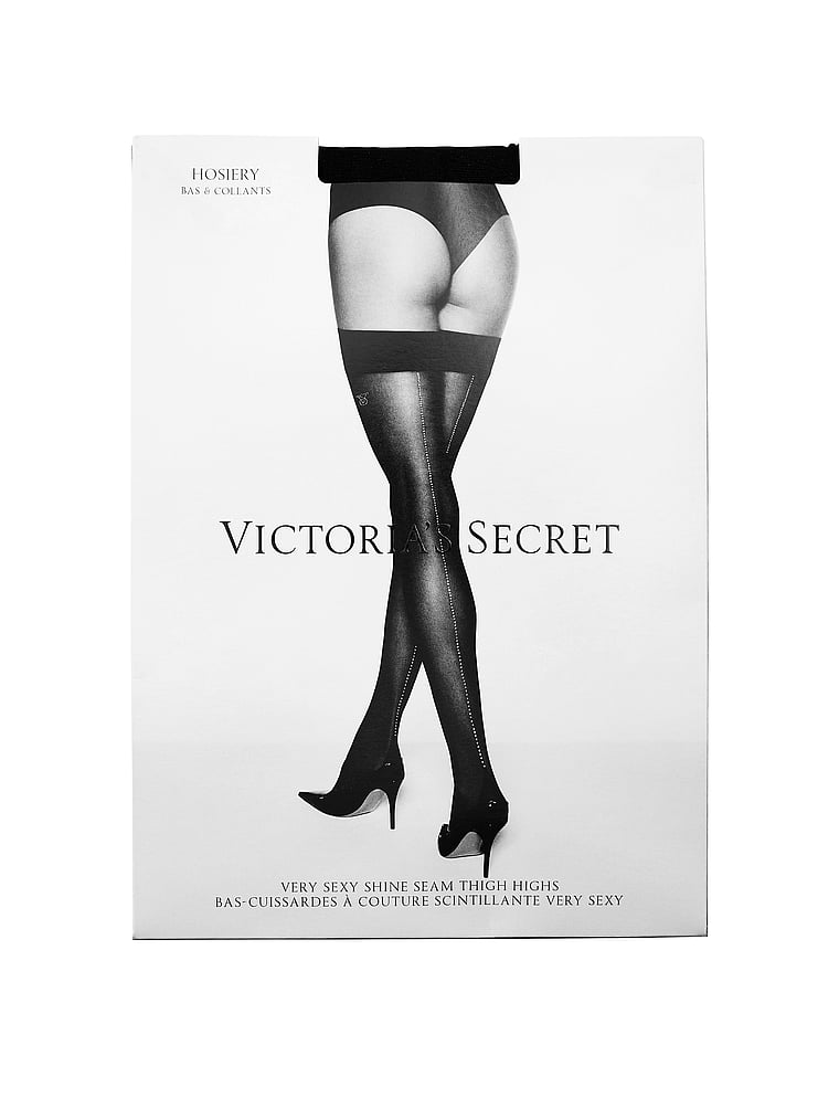 Victoria's Secret, Victoria's Secret Very Sexy Shine Seam Thigh Highs, Black with Diamanté Back Seam, offModelFront, 3 of 4