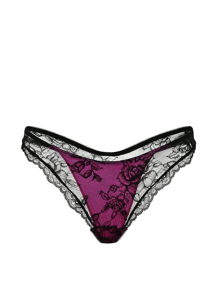 Victoria's Secret, Very Sexy Rose Lace-Trim High-Leg Thong Panty, Pink Fire, offModelFront, 3 of 3