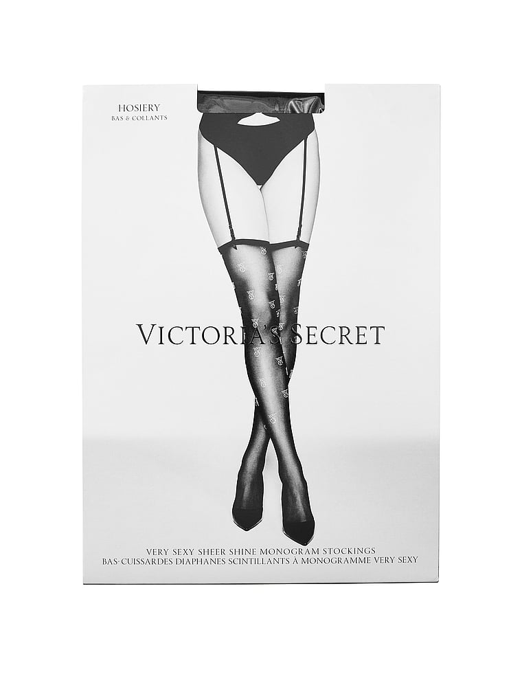 Victoria's Secret, Victoria's Secret Very Sexy Sheer Shine Monogram Stockings, Black with Diamanté Monogram, offModelFront, 3 of 5
