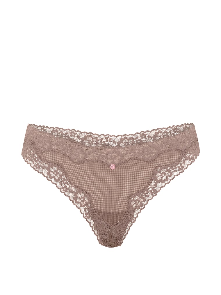Victoria's Secret, Lace Trim Cotton Lace-Waist Thong, Iced Coffee, offModelFront, 3 of 3