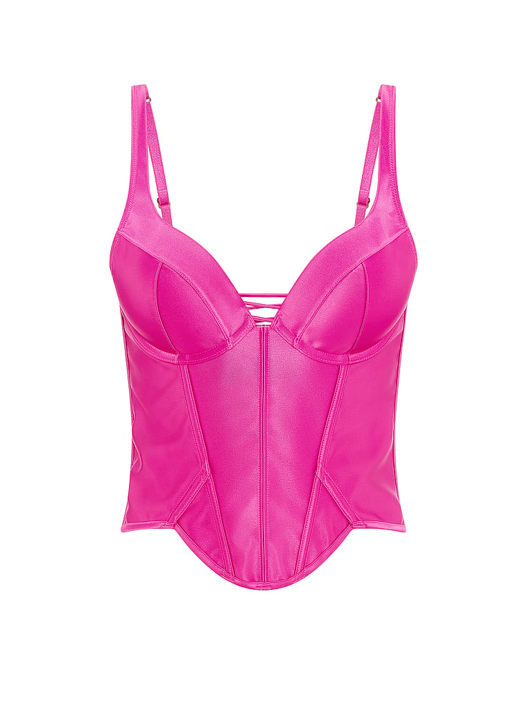 Victoria's Secret, Very Sexy Push-Up Satin Corset Top, Pink Fire, offModelFront, 3 of 3