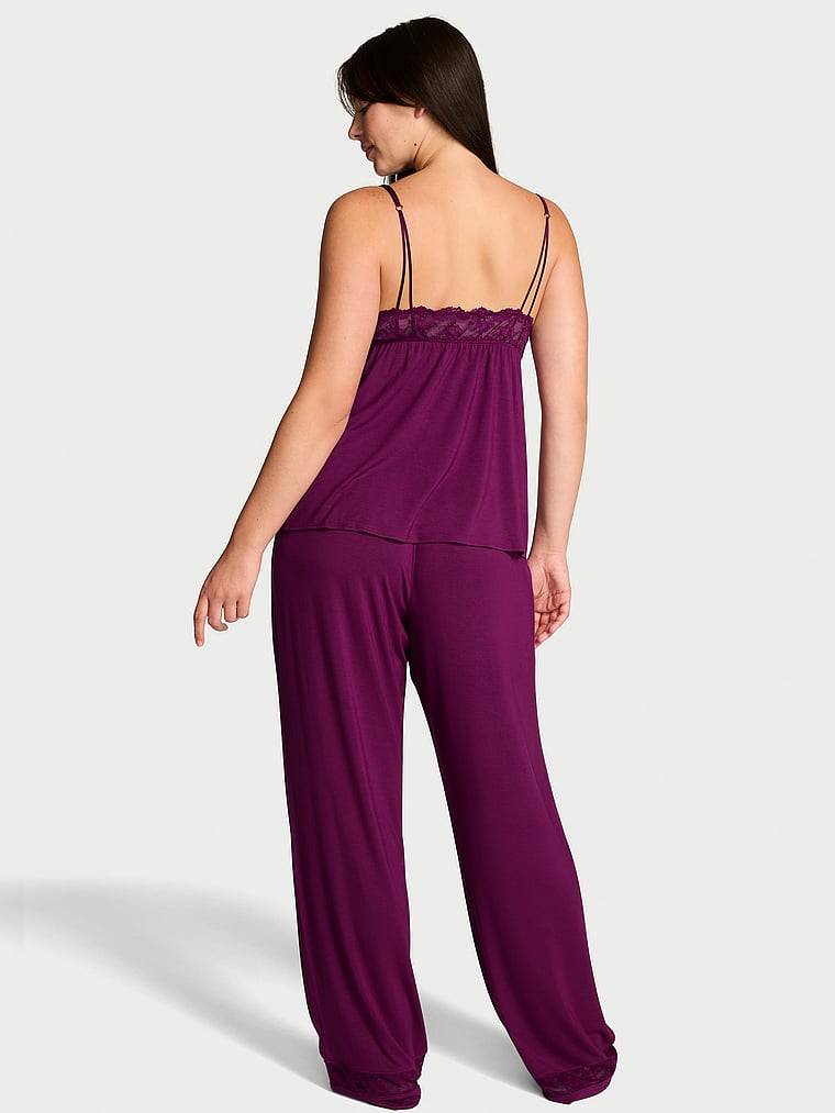 Victoria's Secret, Victoria's Secret SoSoft™ Modal Lace-Trim Cami & Pants Set, Purple, onModelBack, 2 of 3