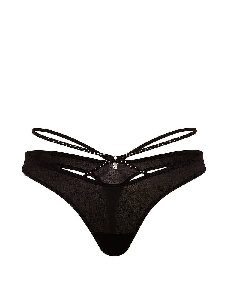 Victoria's Secret, Very Sexy Shine Charm Strappy Thong Panty, Black, offModelFront, 4 of 5
