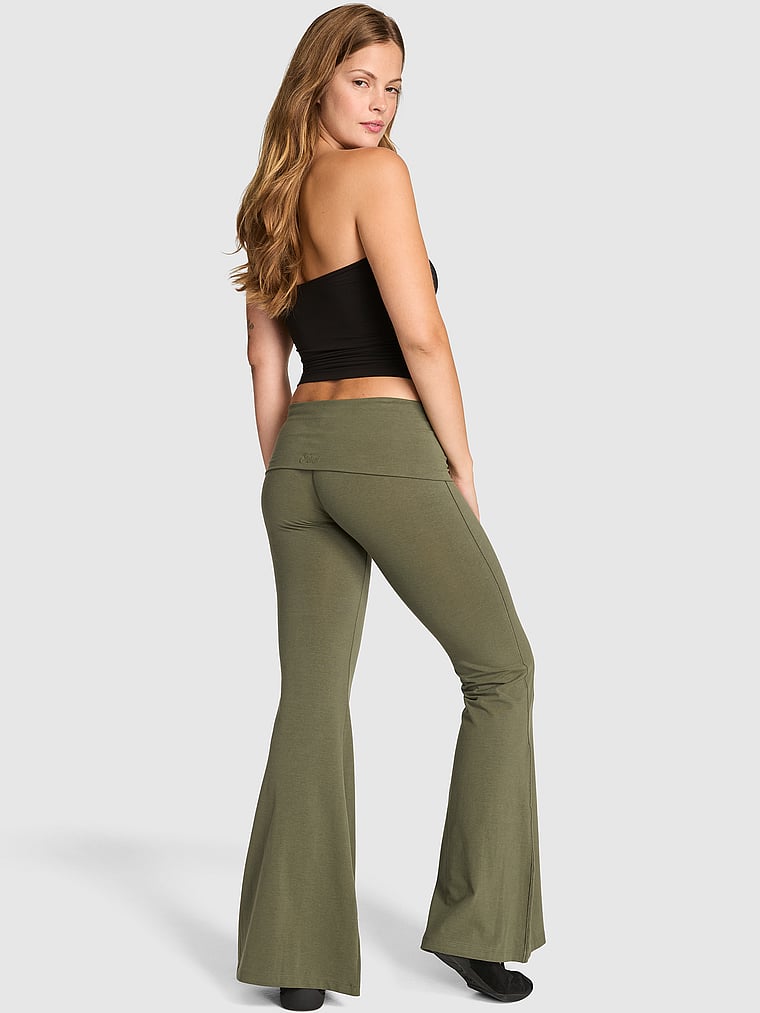 PINK All-Day Cotton™ Foldover Super Flare Leggings, Artichoke Green, onModelBack, 2 of 4 Taylor is 5'8" or 173cm and wears Small