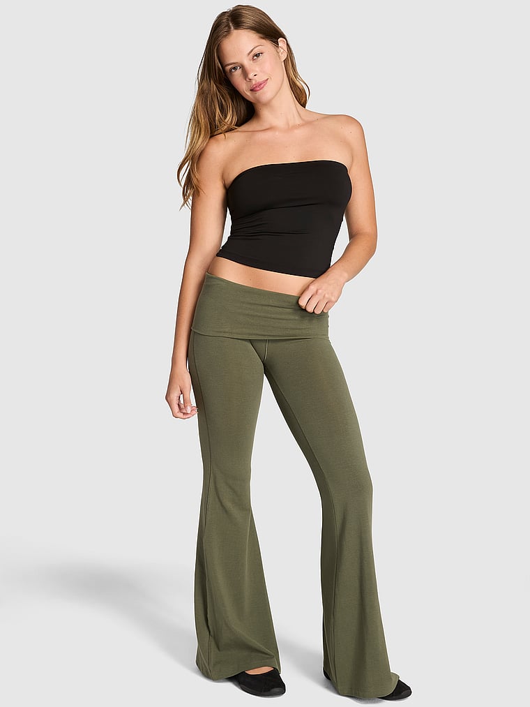PINK All-Day Cotton™ Foldover Super Flare Leggings, Artichoke Green, onModelFront, 1 of 4 Taylor is 5'8" or 173cm and wears Small