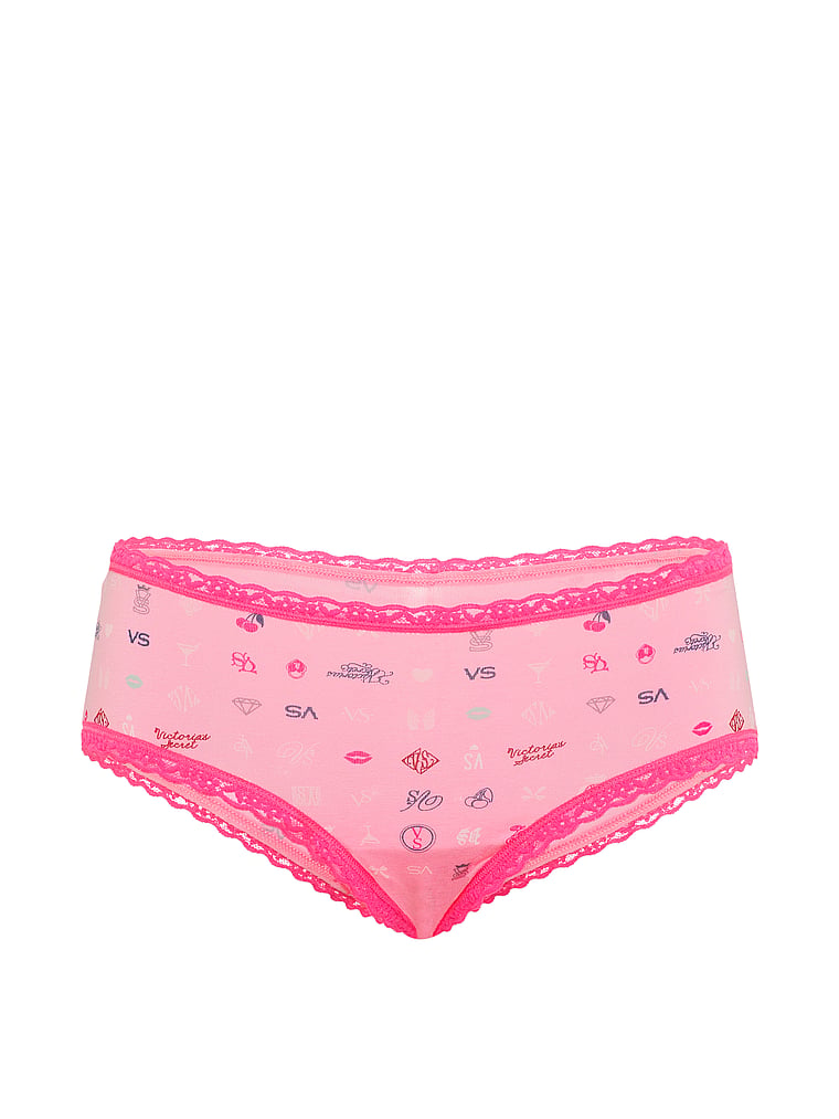 Victoria's Secret, Lace Trim Cotton Lace-Waist Cheeky Panty, Pink Icons, offModelFront, 3 of 3