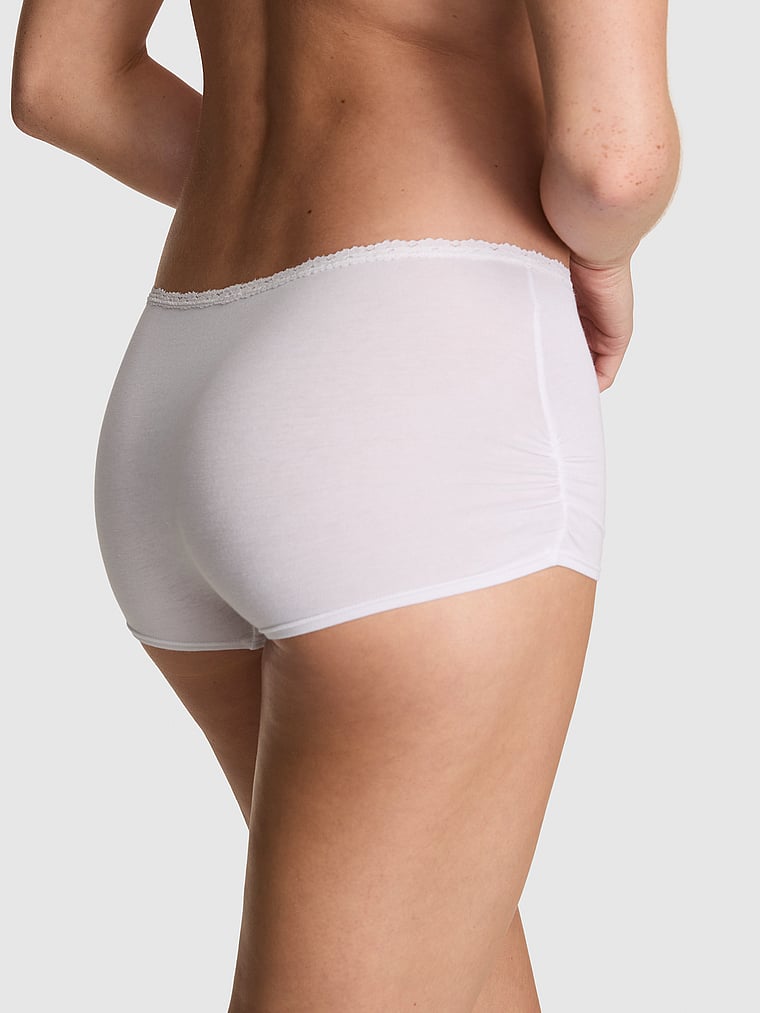 PINK Cotton Dorm Boyshort Panty, White with Lace Trim, onModelBack, 2 of 3