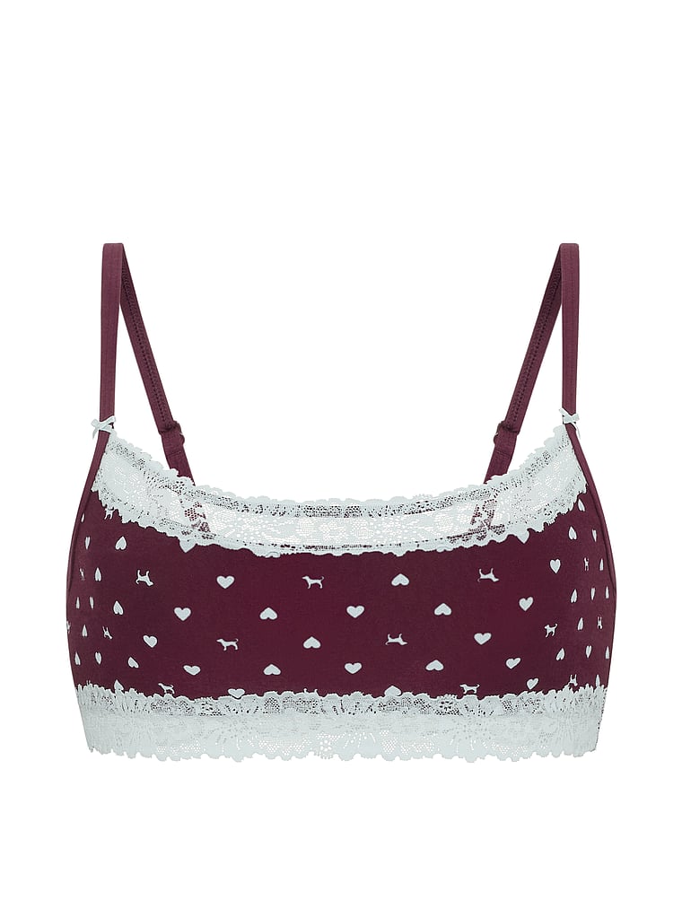 PINK Cotton Unlined Lace-Trim Scoop Bralette, Wild Rose Heart & Dog Print, offModelFront, 3 of 3