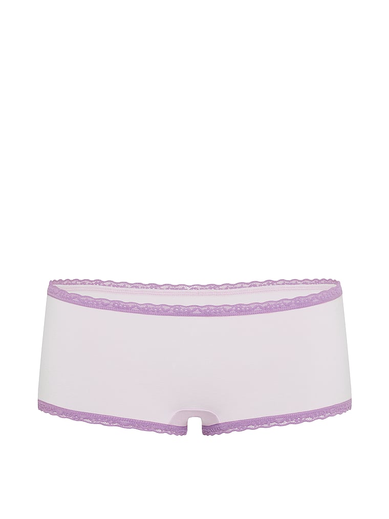 Victoria's Secret, Lace Trim Cotton Lace-Trim Boyshort Panty, Purple, offModelFront, 3 of 3