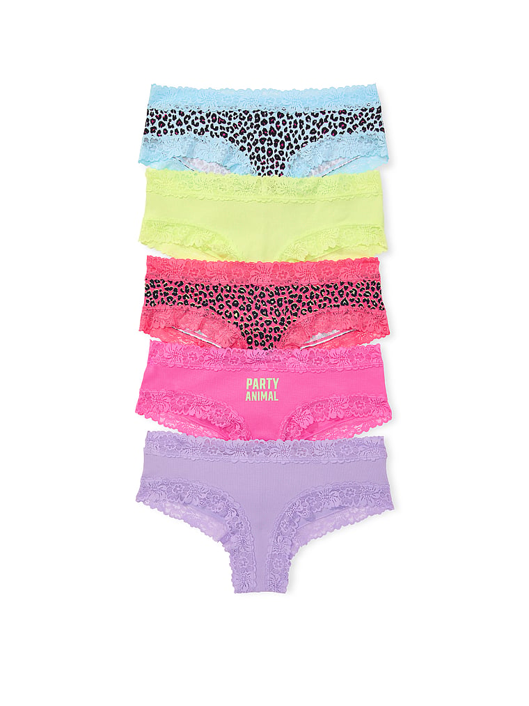 PINK 5-Pack PINK Wink™ Lace-Trim Cheeky Panties, Party Animal Pack, offModelFront, 1 of 1