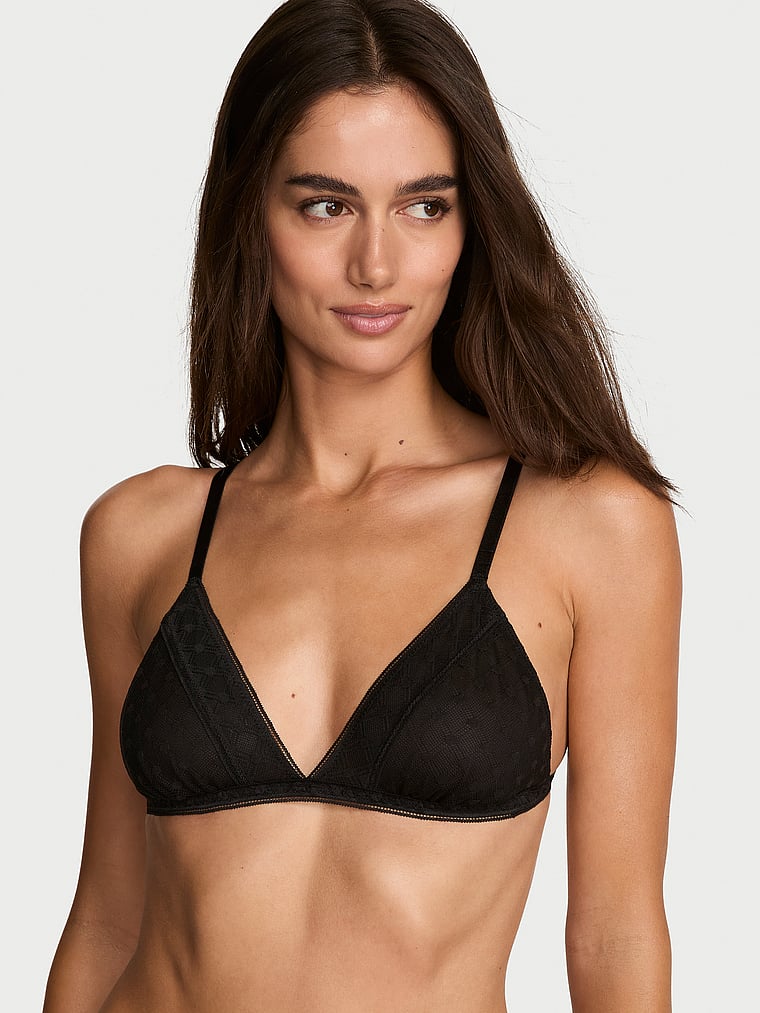 Victoria's Secret, The Lacie Lacie Unlined Triangle Bralette, Black, onModelFront, 1 of 4 Maia is 5'9" or 175cm and wears 34B or Small