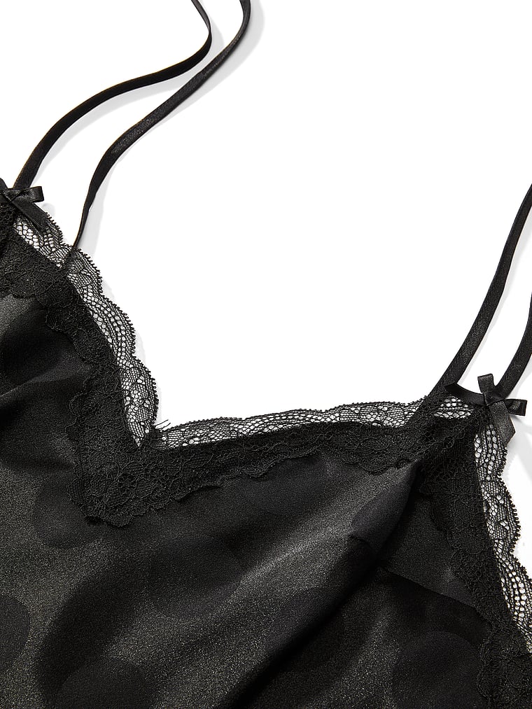 Victoria's Secret, Victoria's Secret Tease Dot Satin Lace-Trim Mini Slip Dress, Black, detail, 4 of 4