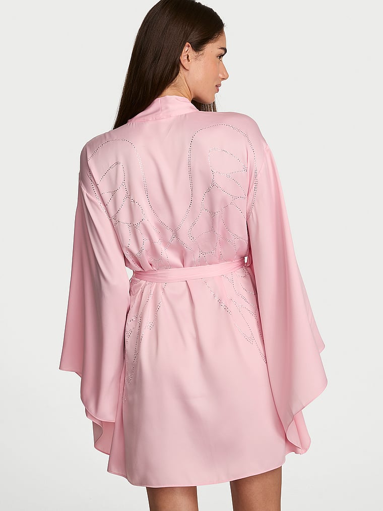 Victoria's Secret, Very Sexy VSFS '26 Satin Short Wide-Sleeve Robe, Pretty Blossom, onModelBack, 2 of 5 Maia is 5'9" or 175cm and wears Small