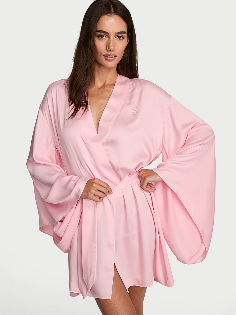 Victoria's Secret, Very Sexy VSFS '26 Satin Short Wide-Sleeve Robe, Pretty Blossom, onModelFront, 1 of 5 Maia is 5'9" or 175cm and wears Small
