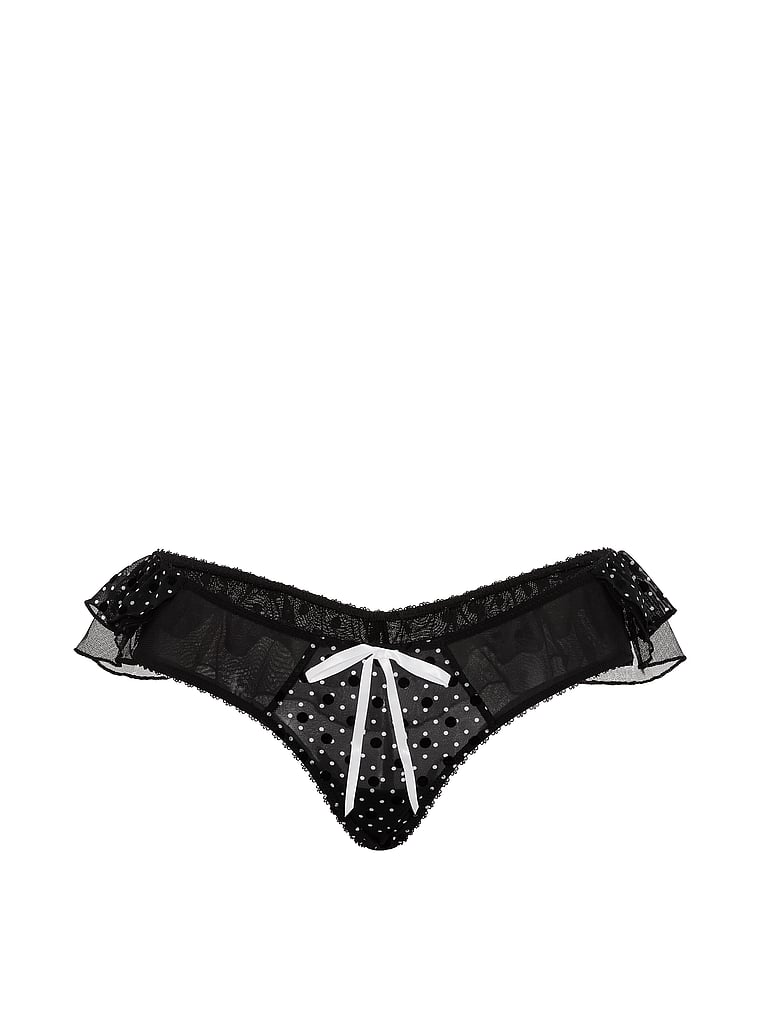 Victoria's Secret, Victoria's Secret Tease Mesh Lace-Trim Cheeky Panty, Black & White Dot, offModelFront, 3 of 3
