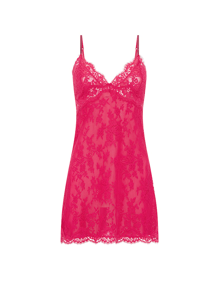 Victoria's Secret, Dream Angels Twinkle Strap Lace Mini Slip Dress, Vibrant Fuschia, offModelFront, 3 of 3