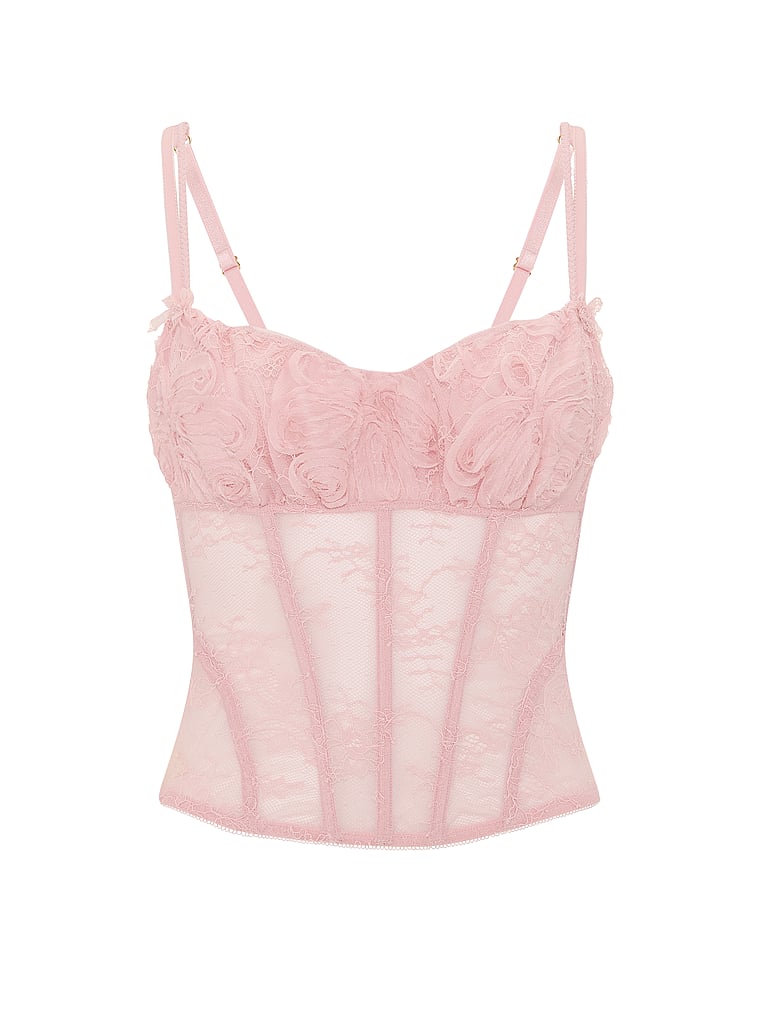 Victoria's Secret, Dream Angels Wicked Rosette Reverie Embroidery Corset Top, Chalk Rose, offModelFront, 4 of 4