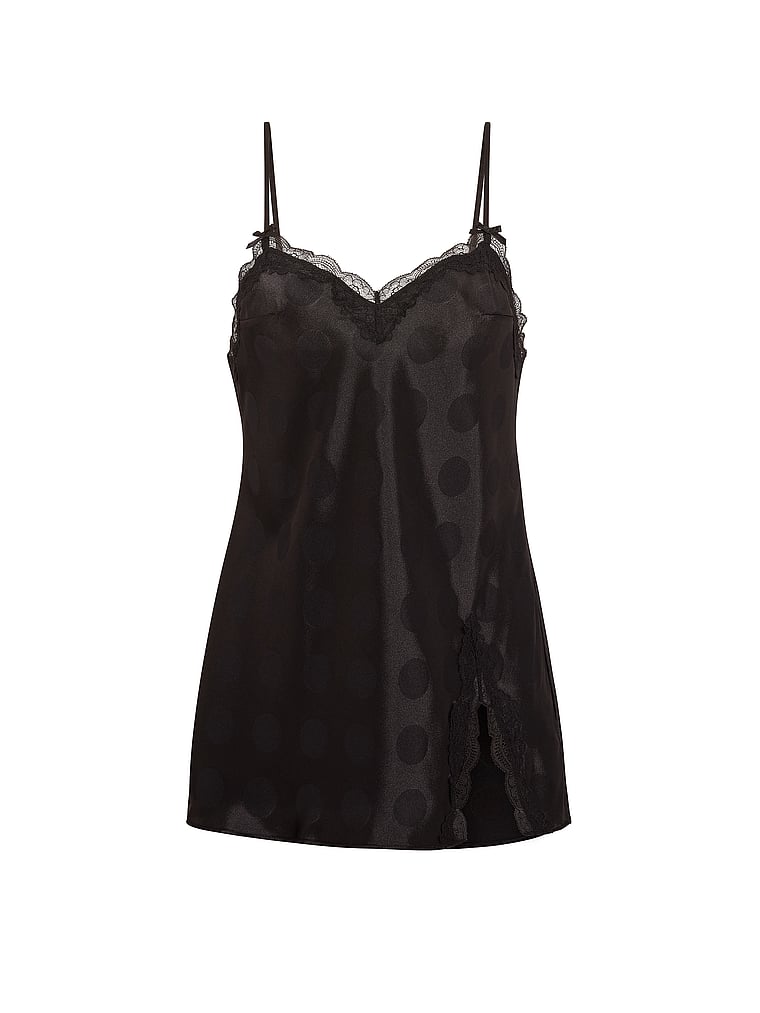 Victoria's Secret, Victoria's Secret Tease Dot Satin Lace-Trim Mini Slip Dress, Black, offModelFront, 3 of 4
