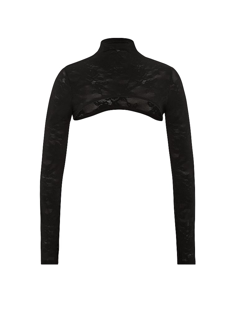 Victoria's Secret, VSX VSX Lace Mock-Neck Shrug, Black, offModelFront, 4 of 5