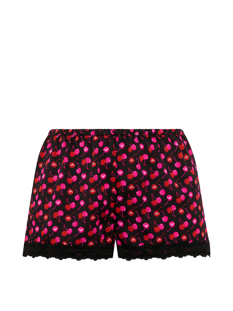 PINK Silky Boxy Pajama Shorts, Black With Cherry Print, offModelFront, 3 of 3