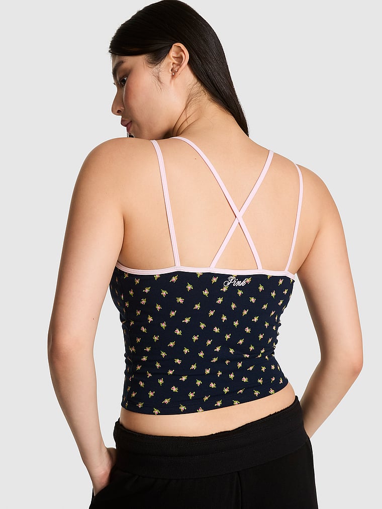 PINK All-Day Cotton™ Strappy Tank Top, Noir Navy Floral, onModelBack, 2 of 3 Gloria is 5'9" or 175cm and wears Small