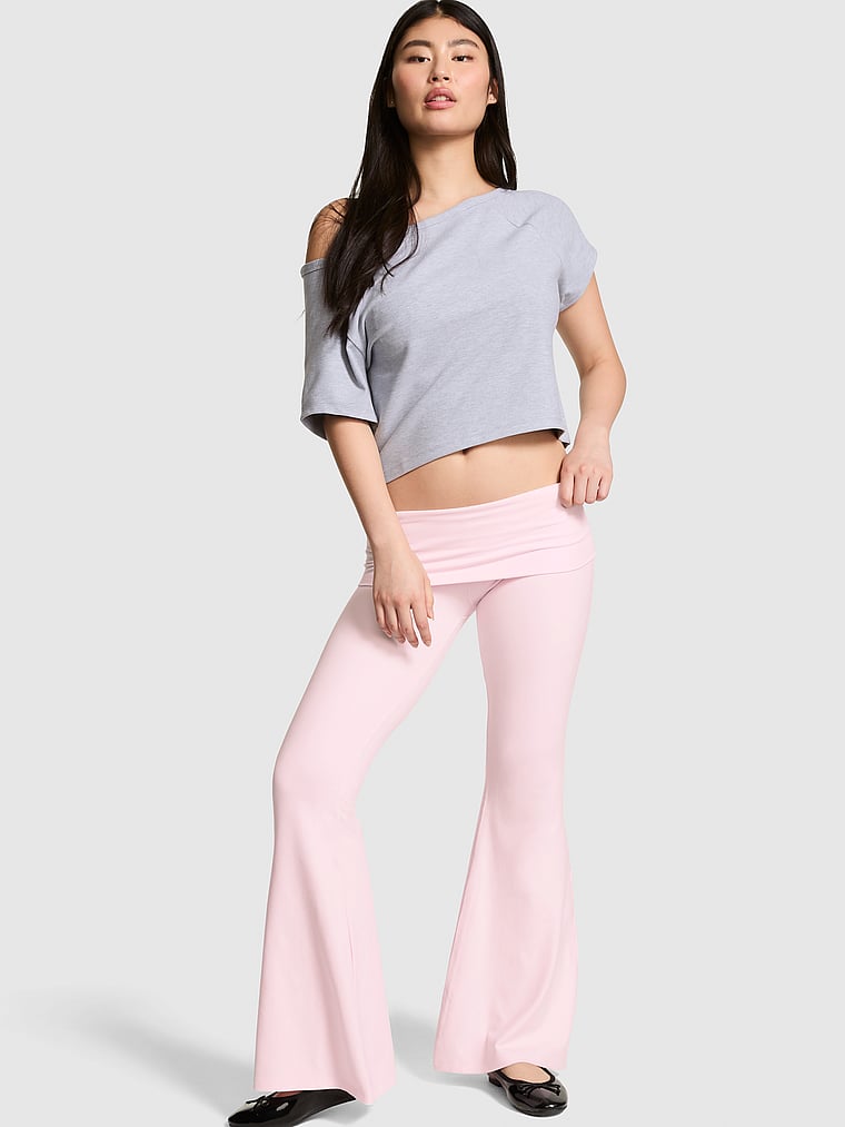 PINK Soft Modal Foldover Super Flare Leggings, Pink Tulip, onModelFront, 3 of 4 Gloria is 5'9" or 175cm and wears Small