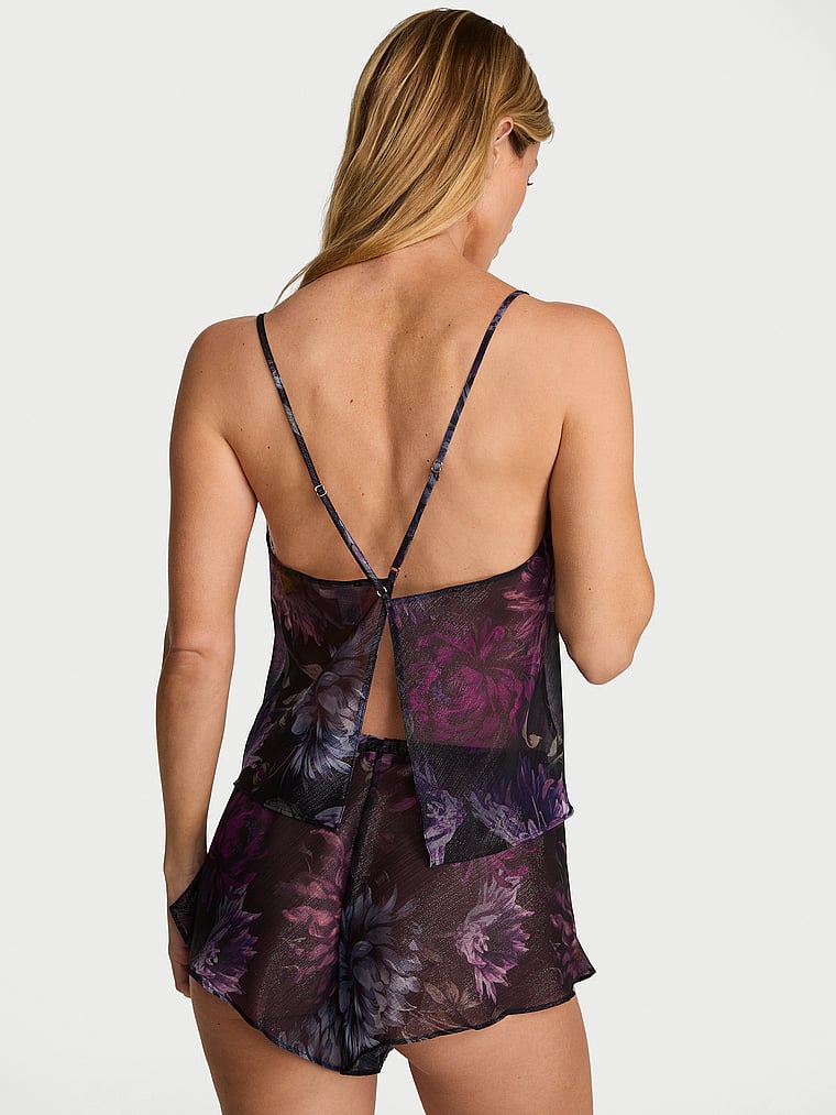 Victoria's Secret, Victoria's Secret Midnight Dahlias Chiffon Open-Back Cami & Short Set, Dark Floral, onModelBack, 2 of 3 Maggie is 5'7" or 170cm and wears Small