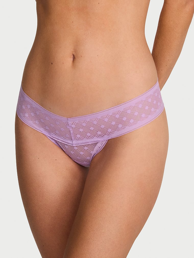 Victoria's Secret, The Lacie Lace Strappy-Back Thong Panty, Candy Violet, onModelFront, 1 of 4 Maggie is 5'7" or 170cm and wears Small