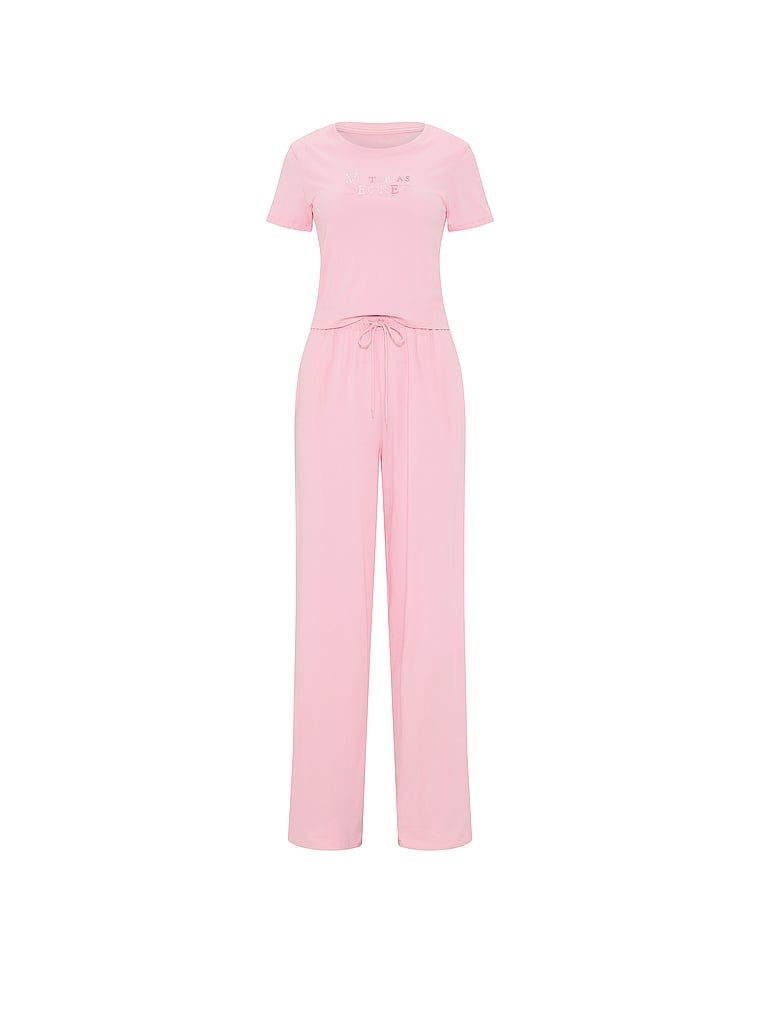 Victoria's Secret, Victoria's Secret 100% Cotton Tee Long Pajama Set, Victoria Pink, offModelFront, 4 of 4