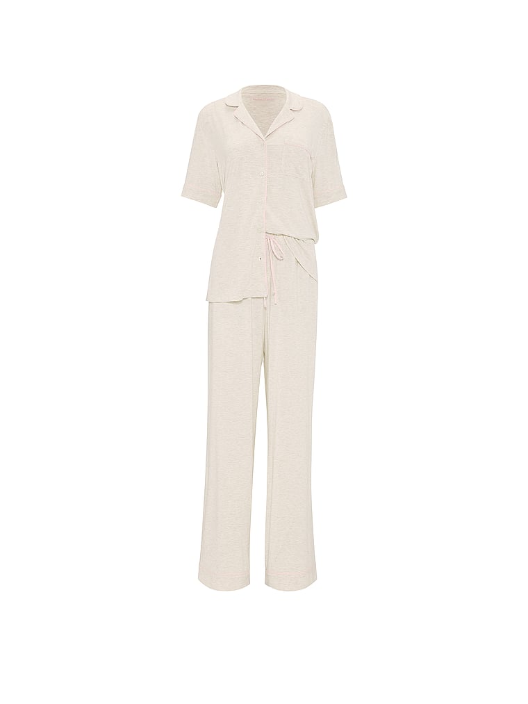 Victoria's Secret, Victoria's Secret SoSoft™ Modal Short-Sleeve Long Pajama Set, Heather Natural & Angel Pink, offModelFront, 3 of 4