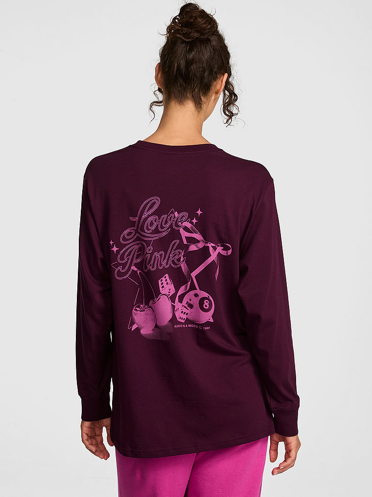 PINK Campus Cotton™ Long-Sleeve Tee, Wild Rose, onModelFront, 1 of 2 Rae is 5'10" or 178cm and wears Small