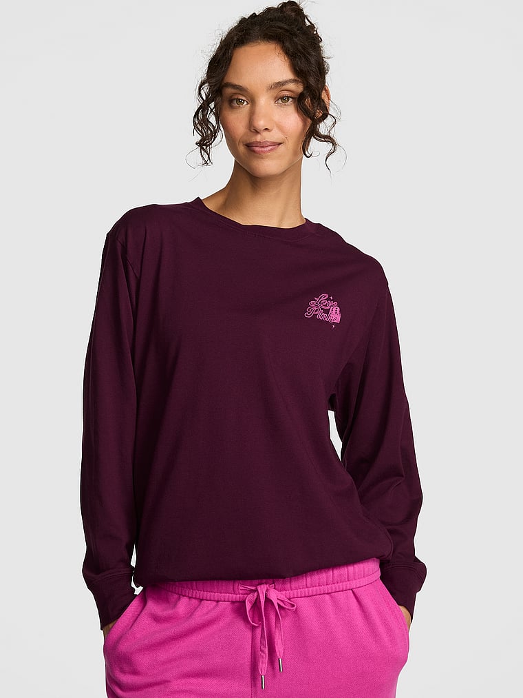 PINK Campus Cotton™ Long-Sleeve Tee, Wild Rose, onModelBack, 2 of 2 Rae is 5'10" or 178cm and wears Small