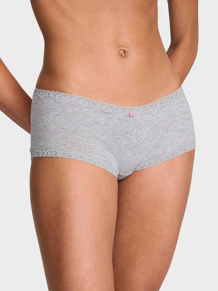 Victoria's Secret, Lace Trim Cotton Lace-Trim Boyshort Panty, Medium Heather Grey, onModelFront, 1 of 3