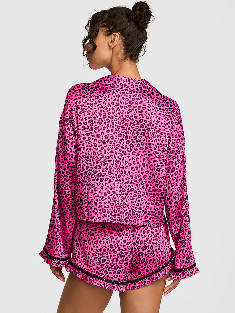 PINK GRWPINK™ Satin Long-Sleeve Short Pajama Set, Sizzling Strawberry & Leopard Print, onModelBack, 2 of 5 Rae is 5'10" or 178cm and wears S/Long