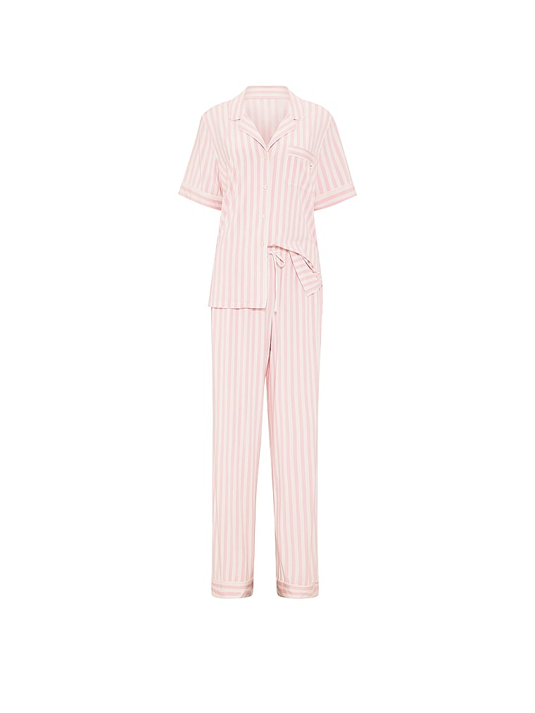 Victoria's Secret, Victoria's Secret SoSoft™ Modal Short-Sleeve Long Pajama Set, Iconic Pink Stripes, offModelFront, 4 of 5