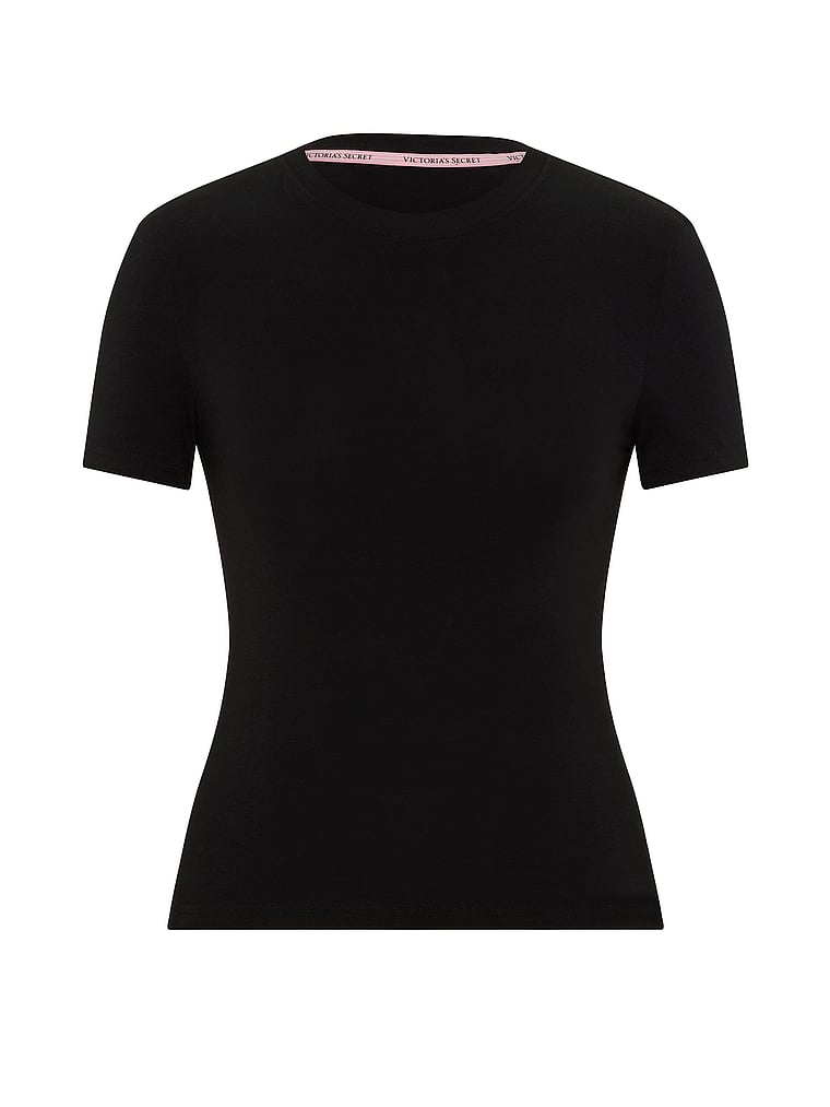 Victoria's Secret, Angel Essentials Stretch Cotton Fitted Tee, Black, offModelFront, 3 of 3