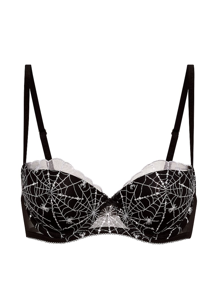 Victoria's Secret, Victoria's Secret Tease Spider Embroidery Push-Up Balconette Bra, Black Spiderweb, offModelFront, 4 of 5