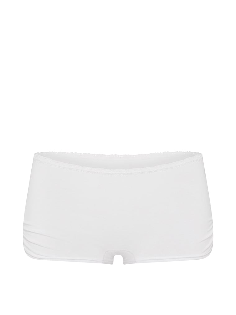 PINK Cotton Dorm Boyshort Panty, White with Lace Trim, offModelFront, 3 of 3