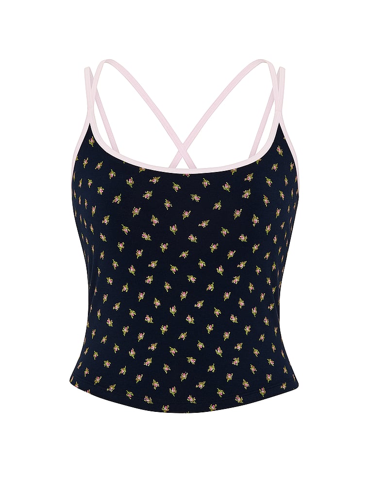PINK All-Day Cotton™ Strappy Tank Top, Noir Navy Floral, offModelFront, 3 of 3
