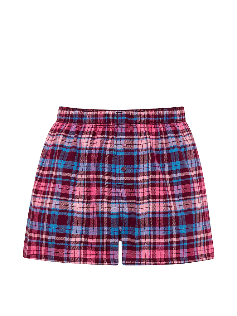 PINK Silky Lace-Trim Boxy Pajama Shorts, Wild Rose Plaid, offModelFront, 3 of 3