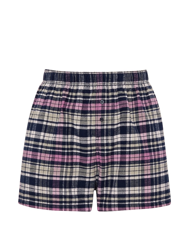 PINK Silky Lace-Trim Boxy Pajama Shorts, Woodland Green Plaid, offModelFront, 3 of 3