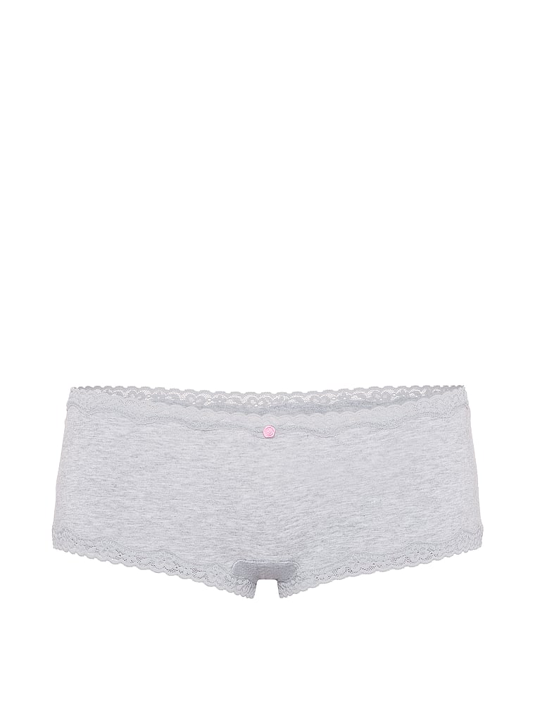 Victoria's Secret, Lace Trim Cotton Lace-Trim Boyshort Panty, Medium Heather Grey, offModelFront, 3 of 3