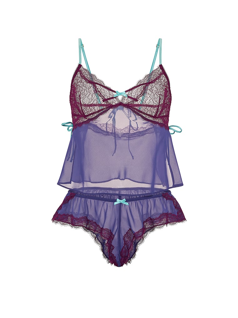 Victoria's Secret, Victoria's Secret Tease Chiffon Lace-Trim Cami Set, Irresistible Indigo, offModelFront, 3 of 3