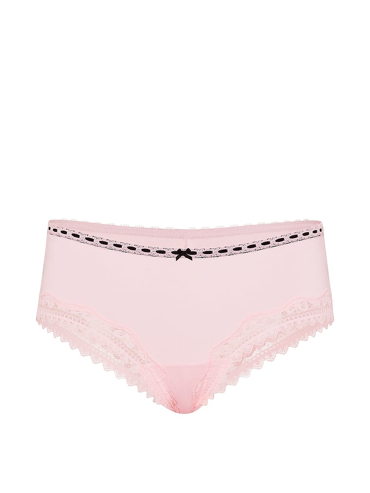 Victoria's Secret, Lace Trim Cotton Bow Lace-Trim Cheeky Panty, Angel Pink, offModelFront, 3 of 3