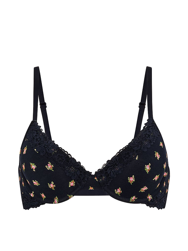 PINK Wear Everywhere™ Lightly Lined Full Coverage T-Shirt Bra, Noir Navy Rose Print, offModelFront, 4 of 4