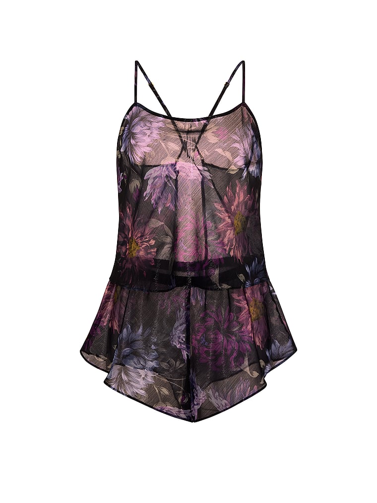 Victoria's Secret, Victoria's Secret Midnight Dahlias Chiffon Open-Back Cami & Short Set, Dark Floral, offModelFront, 3 of 3