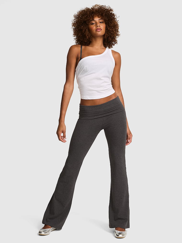 PINK All-Day Cotton™ Foldover Flare Leggings, Charcoal Heather Grey Bling, onModelBack, 2 of 5