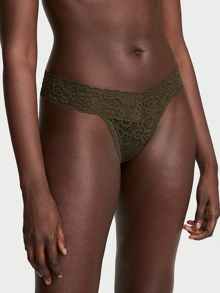 Victoria's Secret, The Lacie Lace Strappy-Back Thong Panty, Olive, onModelFront, 1 of 4