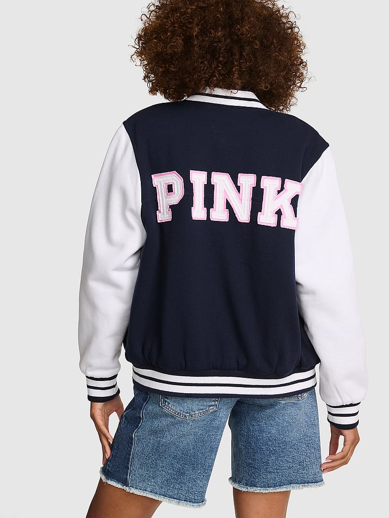 PINK Varsity Bomber Jacket, Noir Navy, onModelBack, 2 of 3