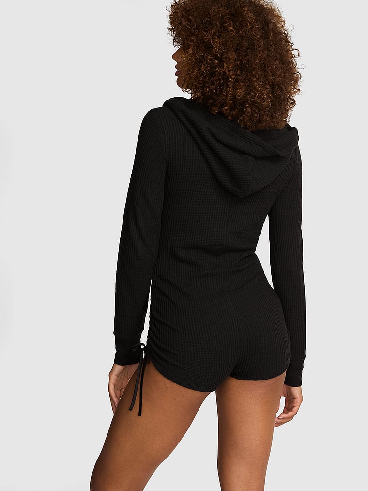 PINK Waffle Knit Long-Sleeve Short Onesie, Black, onModelBack, 2 of 3